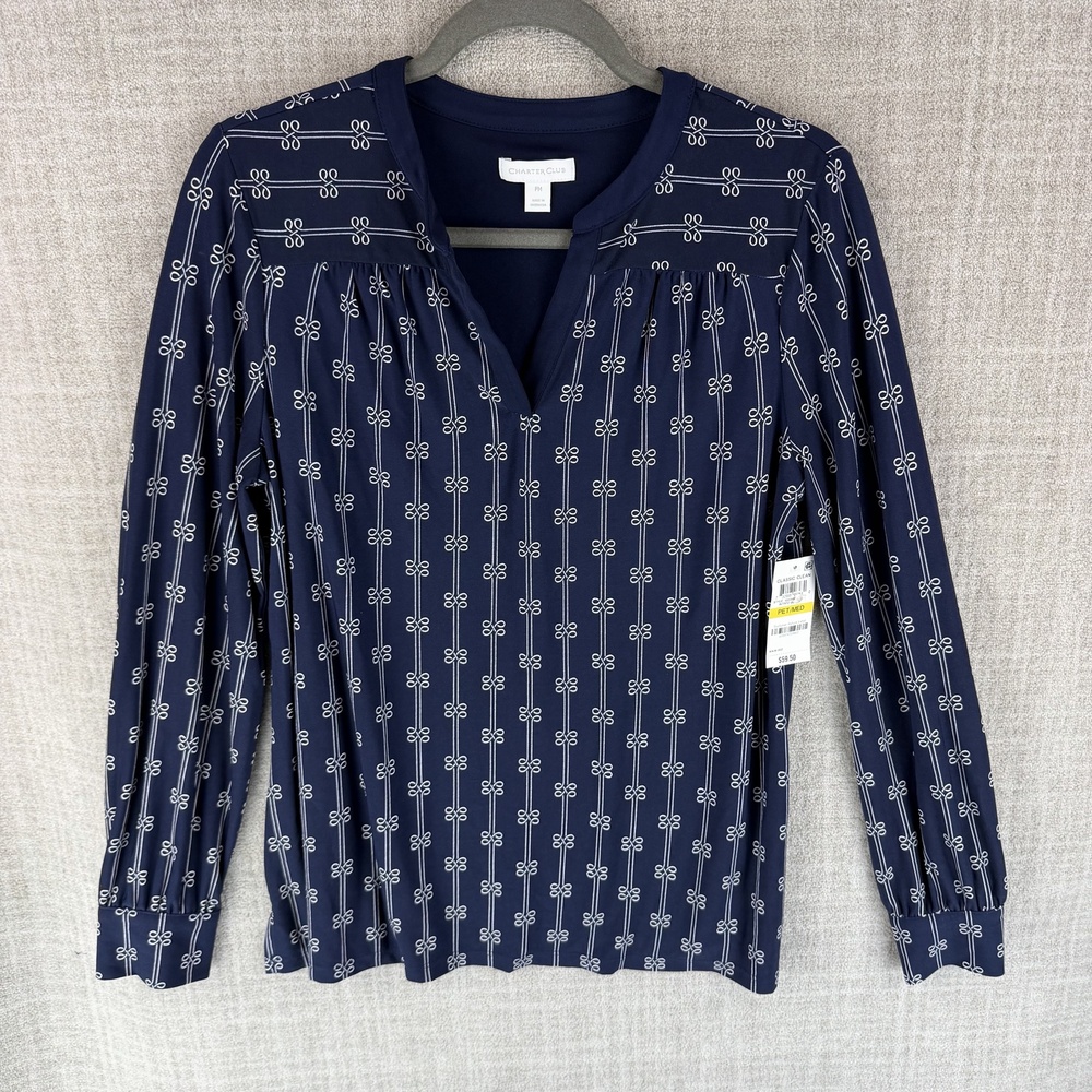 Charter Club Blouse Womens PM Blue Striped V-Neck Long Sleeve Pleated Jersey